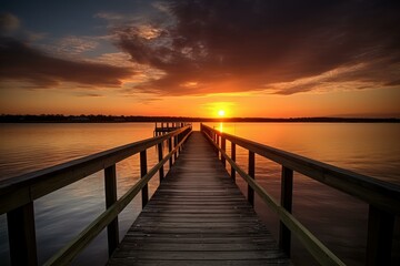 Fototapeta premium Wooden walkway leading into a breathtaking sunset over a tranquil lake with vibrant skies