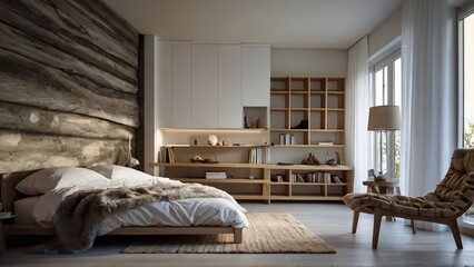 bedroom showcasing minimalist elegance with neutral color palettes, minimalist furniture with clean lines, and soft lighting to create a calm and relaxed atmosphere.