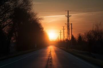 Majestic sunset view over an empty highway with silhouettes of trees and power lines - Powered by Adobe