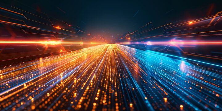 An abstract technology background depicting highspeed global data transfer with glowing lines and a blank central mockup space for advertising