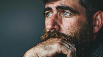 A man in deep contemplation questioning the purpose of life with hand on chin and beard