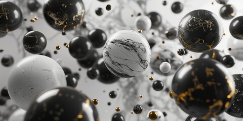 Abstract Spheres: Dynamic Composition of Floating Marble and Gold Elements, Ideal for Modern Art...