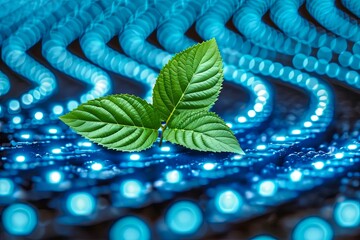 Green leaf on the blue surface. The concept of environmental protection and the use of environmentally friendly technologies.