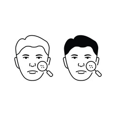 Dermatology Examination of Man Skin Line and Silhouette Icon Set. Facial Skin Care Symbol Collection. Checkup of Boy Skin Face with Magnifier