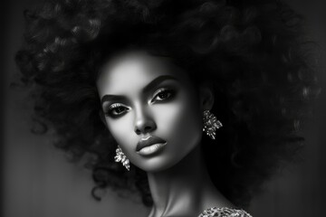 Captivating portrait of a beautiful woman showcasing elegance and striking features in a monochromatic black and white fashion