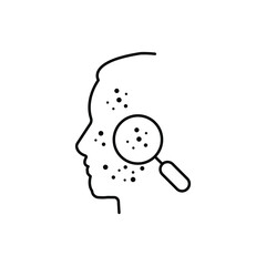Problem Skin and Dermatology Examination of Human Face with Magnifier Line Icon. Facial Skin Care Outline Icon. Side view. Checkup of Person Skin. Editable