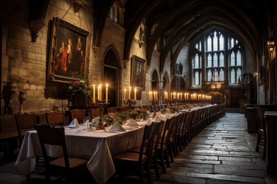 A Grand Feast in a Medieval Castle's Banquet Hall with Tapestries and Candlelit Tables
