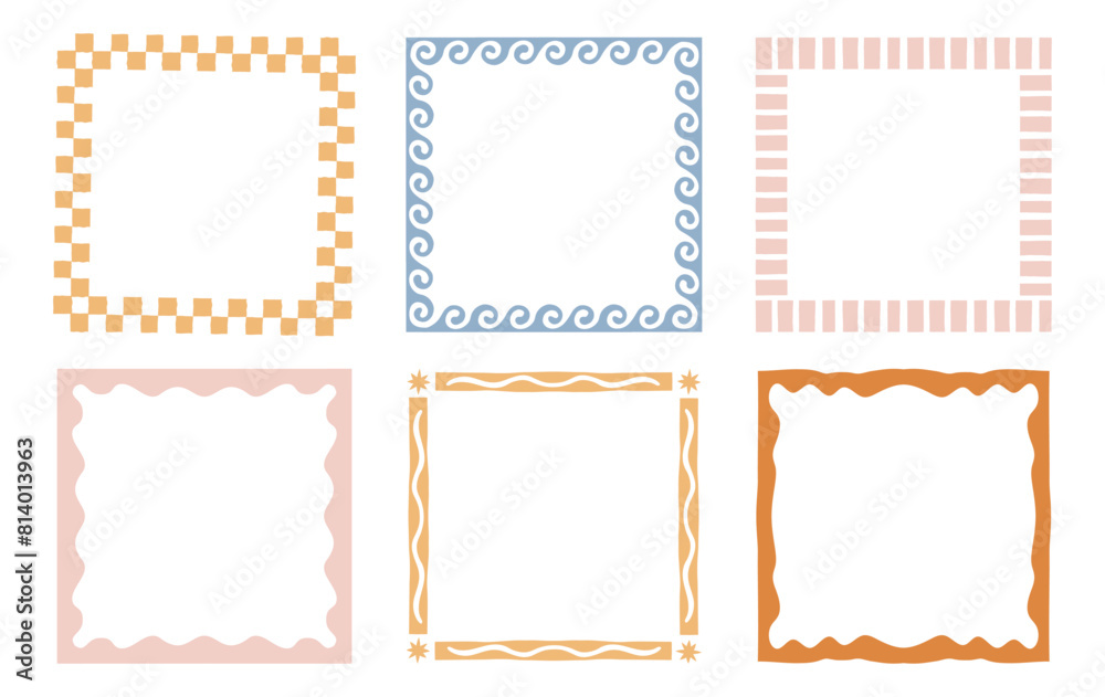 Poster Vector set of linear frames and borders - abstract design elements for decoration or logo design templates in modern minimalist style with copy space for text, boho summer style..