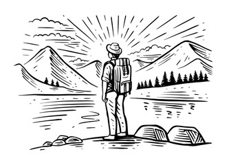 Man with backpack, traveller on top of mountain landscape. Adventure tourism and travel sketch.