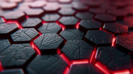Fototapeta premium Futuristic hexagonal surface with glowing red cracks.