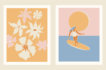 Vector illustration in flat style, summer banner and print, summer and vacation vibes, girl surfing on the wave in the ocean.