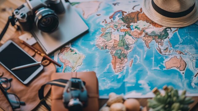 Various travel essentials on a desk over a world map, suggesting trip planning with a vintage camera, notebook, and sunglasses.