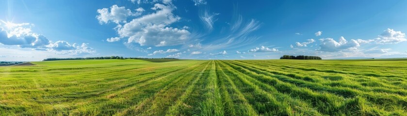 Naklejka premium Green field with blue sky and white clouds.