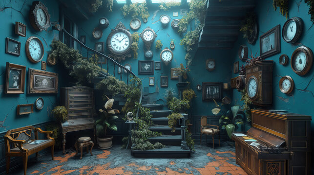 The image is a surreal and whimsical depiction of a room filled with clocks. The walls are lined with clocks of all shapes and sizes.