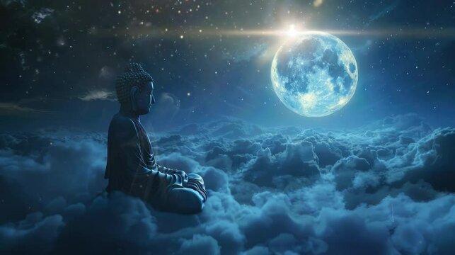 The god Gautama Buda was meditating above the clouds on a beautiful full moon night. seamless looping time-lapse virtual 4K video Animation Background.