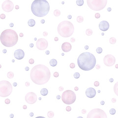 Seamless pattern, delicate light blue and pink watercolor circles, bubbles, dots on a white background, hand-drawn. Endless pattern template for fabric, wrapping paper, baby wallpaper, bubble design.