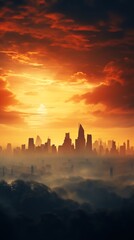 A dramatic view of a city skyline enveloped in smog, highlighting the everyday reality of air pollution and its impact on urban life and health