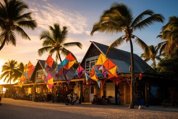 Obraz premium A Quaint Beachside Kite Shop Bathed in Golden Sunset Light with Kites Dancing in the Wind