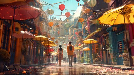 Naklejka premium The photo shows a beautiful Asian street with a lot of colorful umbrellas. The street is wet from the rain. There are two people walking away from the camera.