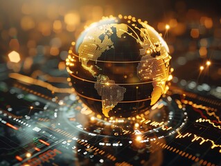 A detailed 3D animation of a spinning golden globe, encircled by dynamic stock market charts and international currency icons in a digital display