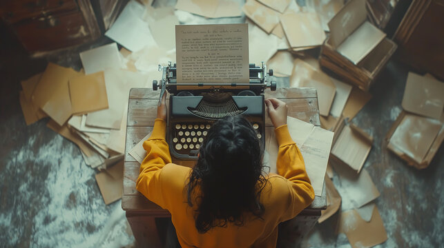 The photo shows a person sitting at a typewriter in a room full of paper.