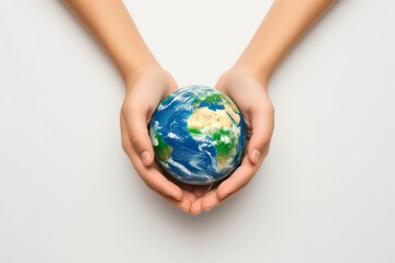 Hands Holding Earth Globe Against Sky Background