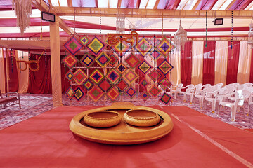 Colorful Festival Background, Indian wedding decor, yellow flower decoration for haldi ceremony
