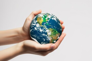 Hands Holding Earth Globe Against Sky Background