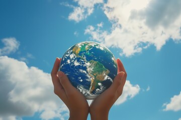 Hands Holding Earth Globe Against Sky Background