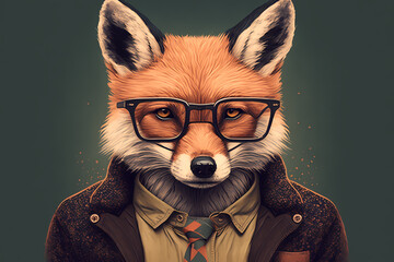 A sophisticated fox wearing glasses jacket and tie.