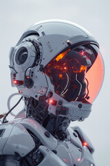 Fototapeta premium A white robot with an orange, glowing helmet