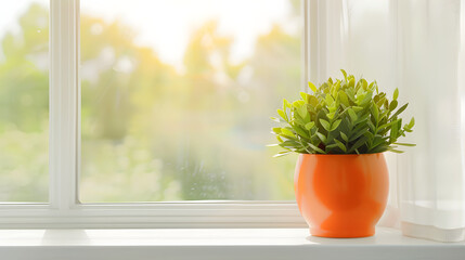 Green houseplant in bright orange pot under sunlight on windowsill with copy space