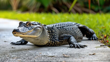A large reptile on a cement surface