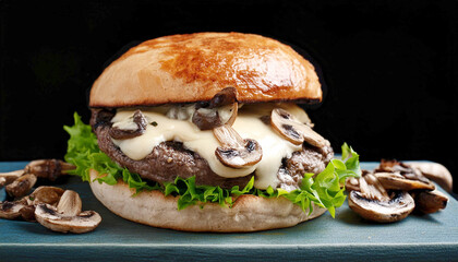 Steak hamburger topped with melted cheese and sautéed mushrooms on a toasted bun.