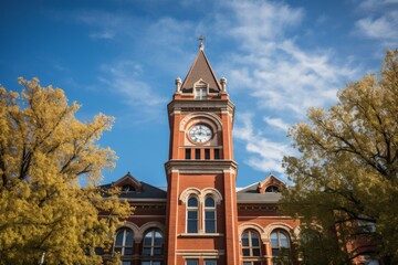 A Testament to Education: An Impressive Public School Building with a Clock Tower on a Sunny Day