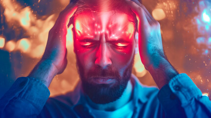 Representation of a person feeling headache, torment, anguish, depression, loss. The feelings in the person are visible with red orange colors representing pain. Medicine. Psychology