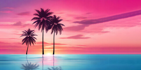 Obraz premium Wideformat tropical sunset with radiant palm silhouett.
