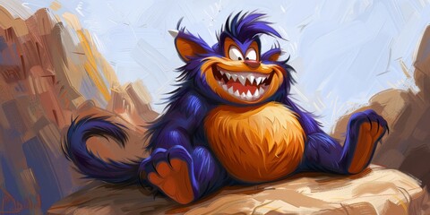 A cheerful drawn creature with big teeth and purple fur. The creature has a friendly smile and a perky look.