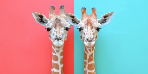 A cheerful and funny giraffe, close-up face on a plain copy space banner. Concept: animal print,...