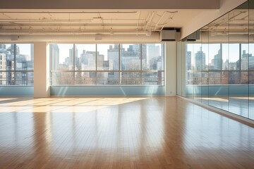 Inside a Modern Dance Studio with Large Mirrored Windows Overlooking the City