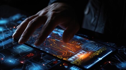 A businessman's hand reaching out to touch a virtual screen projected from a smartphone.