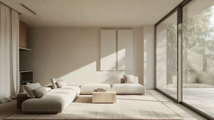 A minimalist living room with modern furniture, neutral colors, in natural light from large windows
