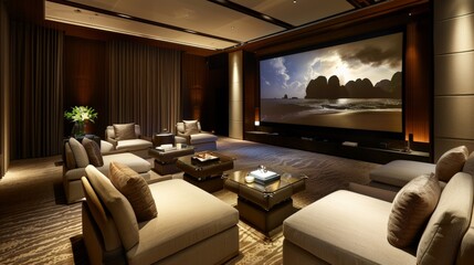 Home theater media room with large screen, surround sound and plush seating, entertainment experience