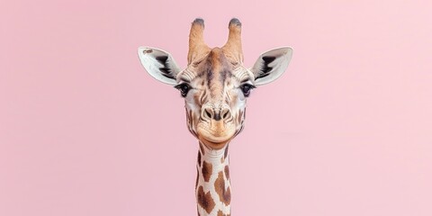 A cheerful and funny giraffe, close-up face on a plain copy space banner. Concept: animal print, design, savannah resorts