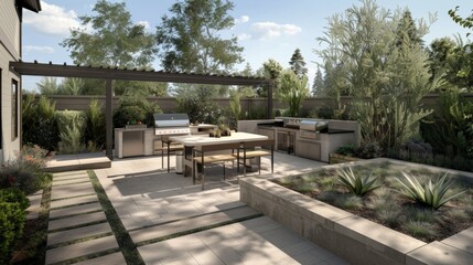 Modern backyard with a built-in BBQ grill, outdoor kitchen and dining area