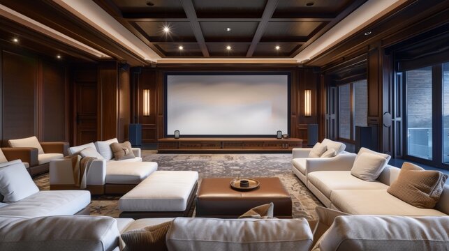 Home theater media room with large screen, surround sound and plush seating, entertainment experience