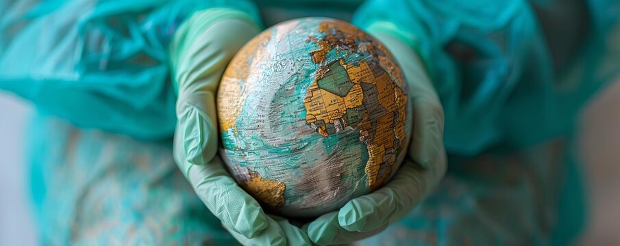 Surgeons hand with a globe, closeup on a sterile surgical background emphasizing precise global health care digital binary as object splitcomplementary color scheme