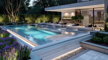 Modern swimming pool design in private luxury villa mansion surrounded by landscaped gardens