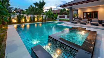 Modern swimming pool design in private luxury villa mansion surrounded by landscaped gardens