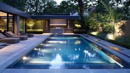 Modern swimming pool design in private luxury villa mansion surrounded by landscaped gardens